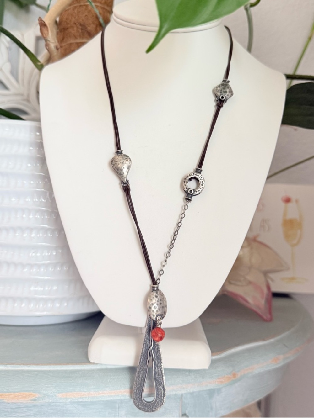Silpada 925 Sterling Silver Beaded Pendant Leather Necklace - Picture 2 of 10